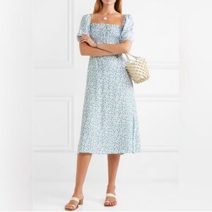 Faithfull the brand blue and white floral midi dress size small